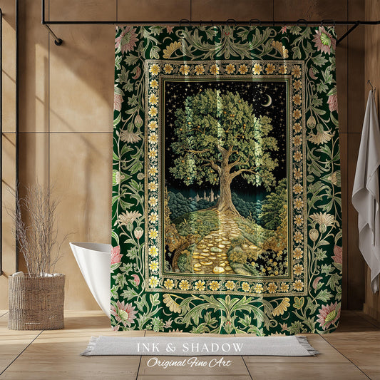 Cottagecore Moonlit Meadow Shower Curtain | Floral Garden Classic Pastoral Landscape Tree of Life Bathroom Aesthetic Fairytale Folklore |