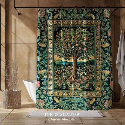 Countryside Sunset Tree of Life Shower Curtain | Elegant Floral Landscape Wildflower Decor Nature Inspired Bathroom Cottagecore Storybook |