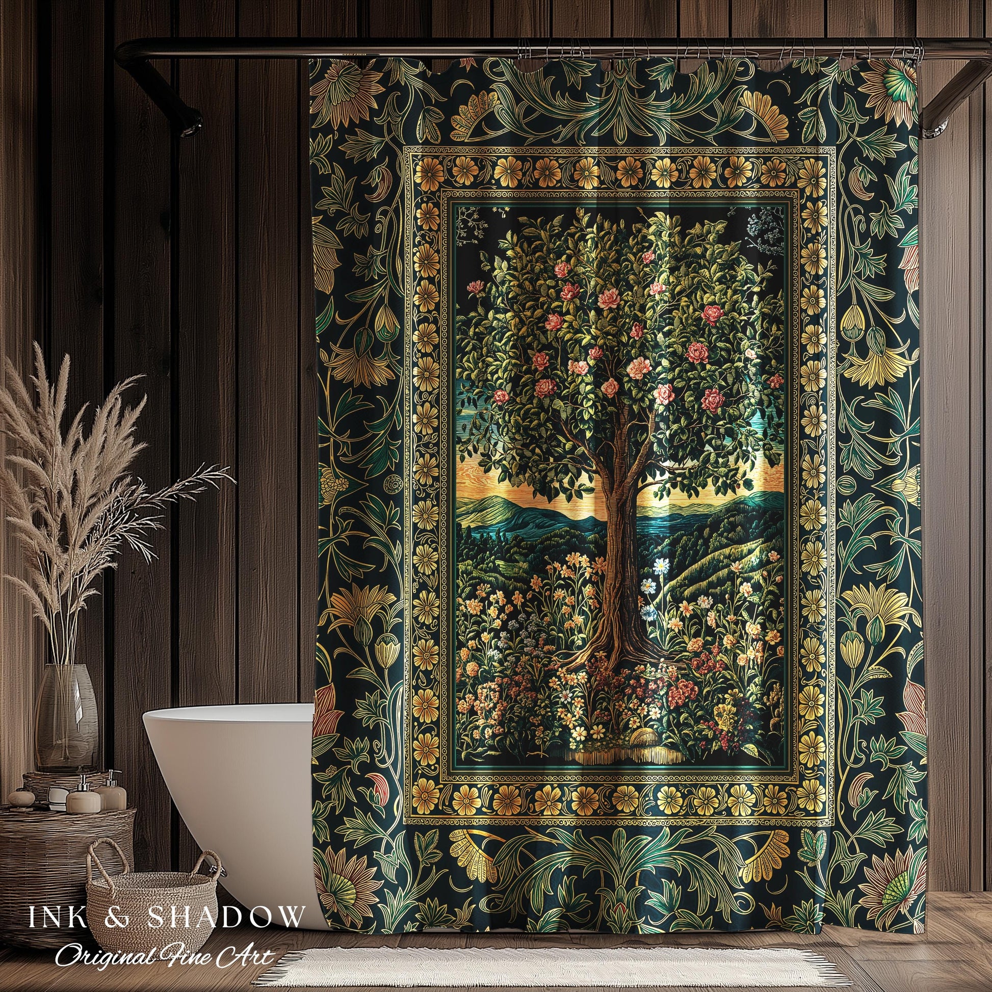 Countryside Sunset Tree of Life Shower Curtain | Elegant Floral Landscape Wildflower Decor Nature Inspired Bathroom Cottagecore Storybook |