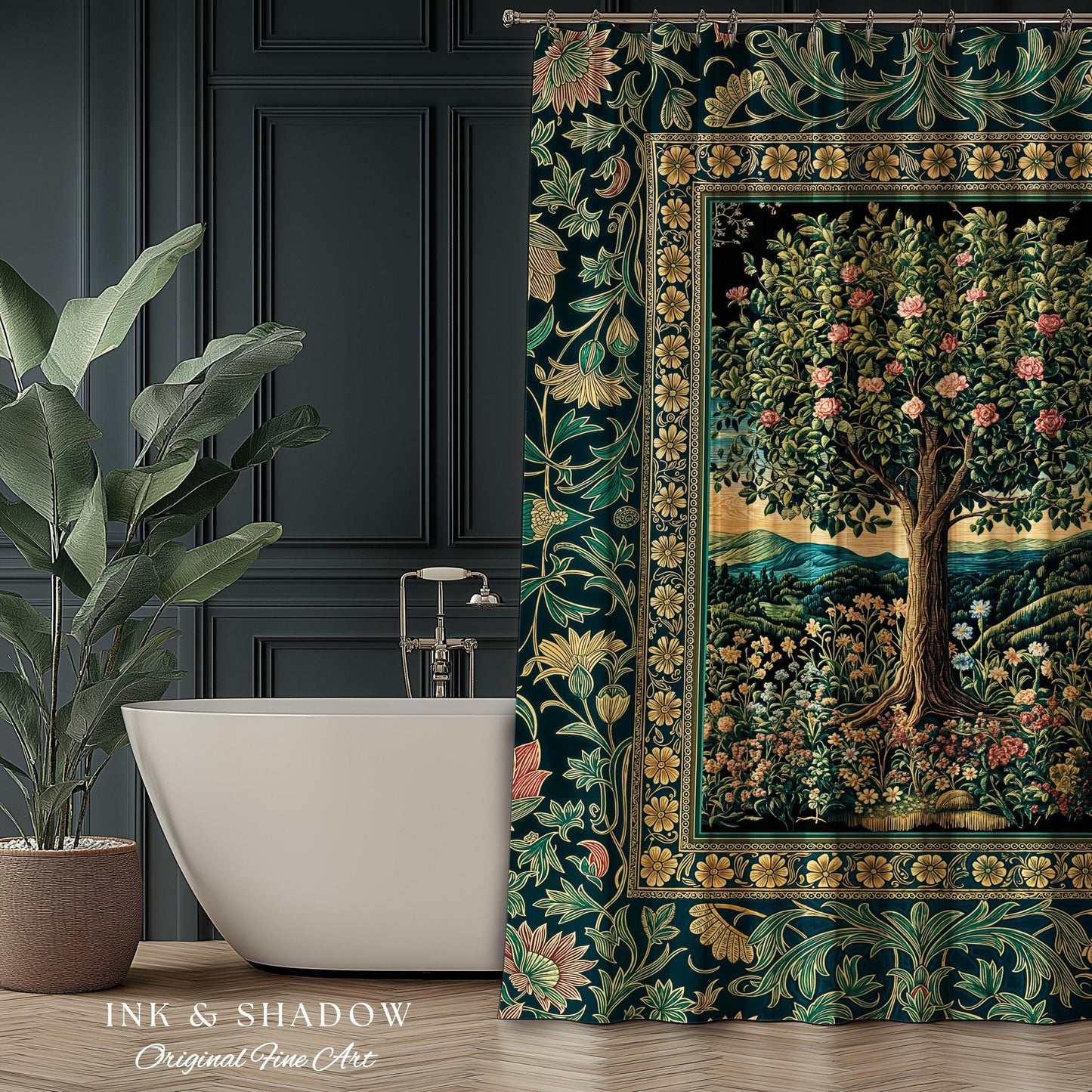 Countryside Sunset Tree of Life Shower Curtain | Elegant Floral Landscape Wildflower Decor Nature Inspired Bathroom Cottagecore Storybook |