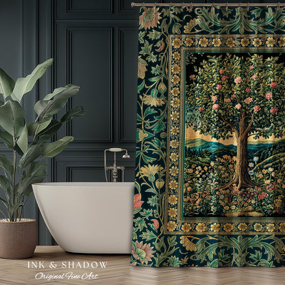 Countryside Sunset Tree of Life Shower Curtain | Elegant Floral Landscape Wildflower Decor Nature Inspired Bathroom Cottagecore Storybook |