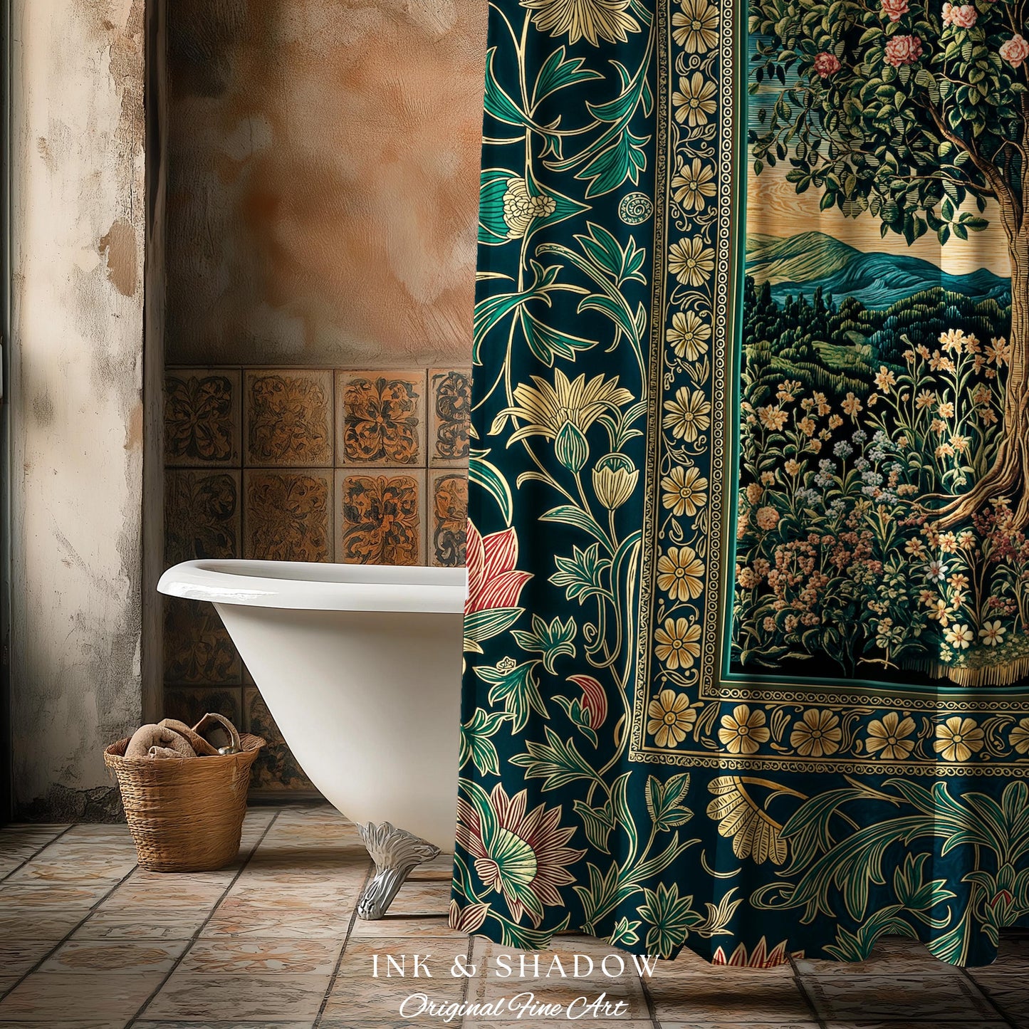 Countryside Sunset Tree of Life Shower Curtain | Elegant Floral Landscape Wildflower Decor Nature Inspired Bathroom Cottagecore Storybook |