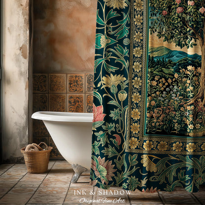 Countryside Sunset Tree of Life Shower Curtain | Elegant Floral Landscape Wildflower Decor Nature Inspired Bathroom Cottagecore Storybook |