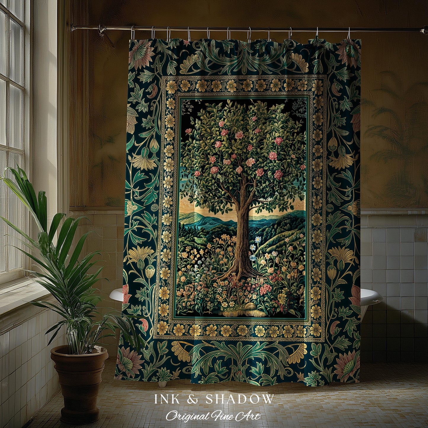 Countryside Sunset Tree of Life Shower Curtain | Elegant Floral Landscape Wildflower Decor Nature Inspired Bathroom Cottagecore Storybook |