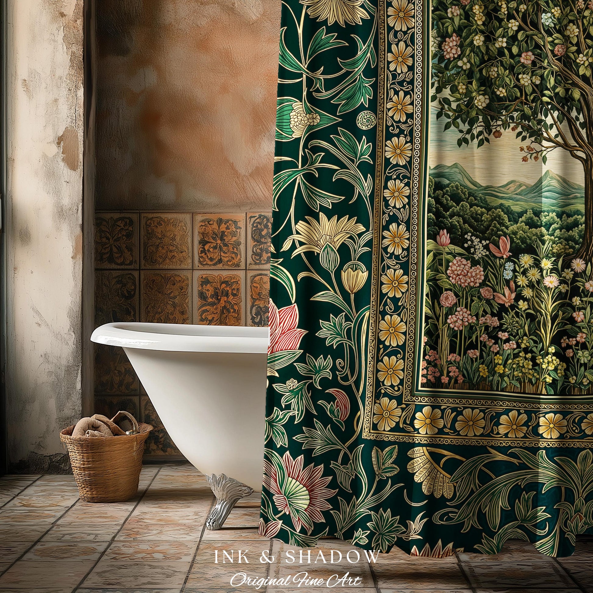 Pastoral Wildflower Garden Tree Shower Curtain | Floral Mountain Decor Romantic Landscape Bathroom Accent Botanical Nature Inspired Romantic