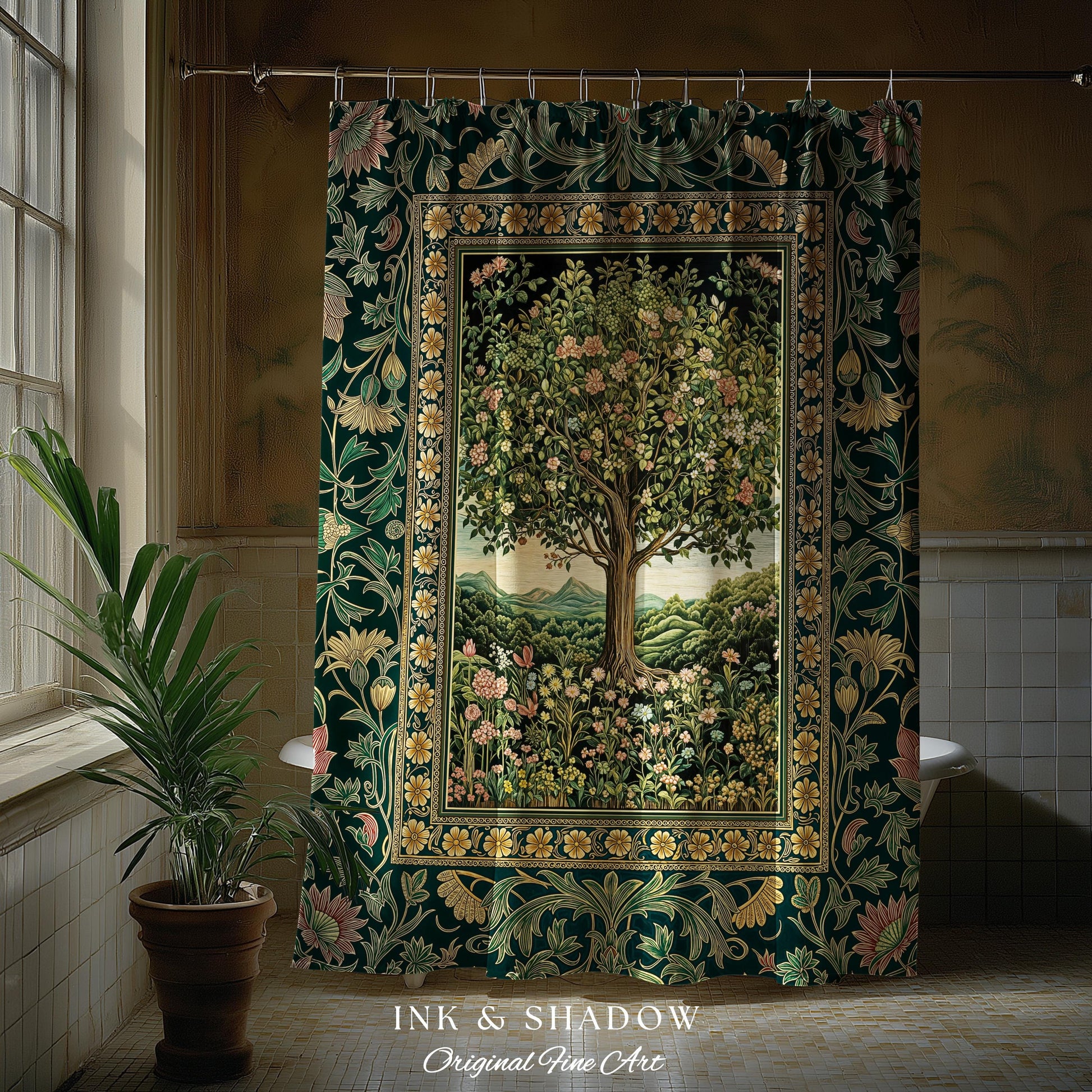 Pastoral Wildflower Garden Tree Shower Curtain | Floral Mountain Decor Romantic Landscape Bathroom Accent Botanical Nature Inspired Romantic