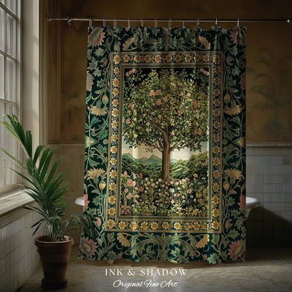 Pastoral Wildflower Garden Tree Shower Curtain | Floral Mountain Decor Romantic Landscape Bathroom Accent Botanical Nature Inspired Romantic