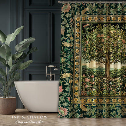 Pastoral Wildflower Garden Tree Shower Curtain | Floral Mountain Decor Romantic Landscape Bathroom Accent Botanical Nature Inspired Romantic