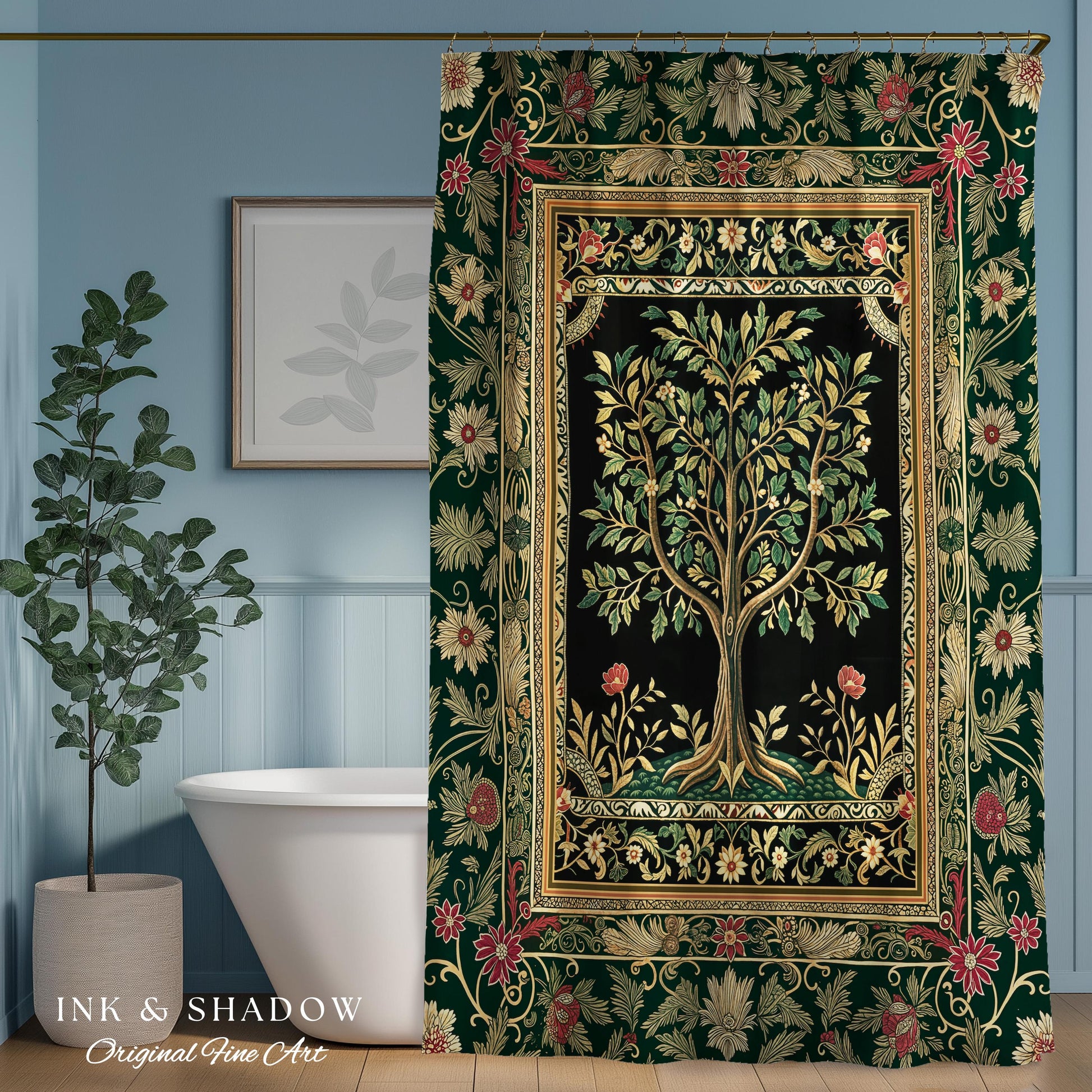Folk Art Tree of Life Shower Curtain | Whimsical Pastel Botanical Theme Symmetrical Floral Ornate Bathroom Accent Aesthetic Medieval Style