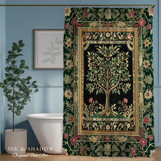 Folk Art Tree of Life Shower Curtain | Whimsical Pastel Botanical Theme Symmetrical Floral Ornate Bathroom Accent Aesthetic Medieval Style
