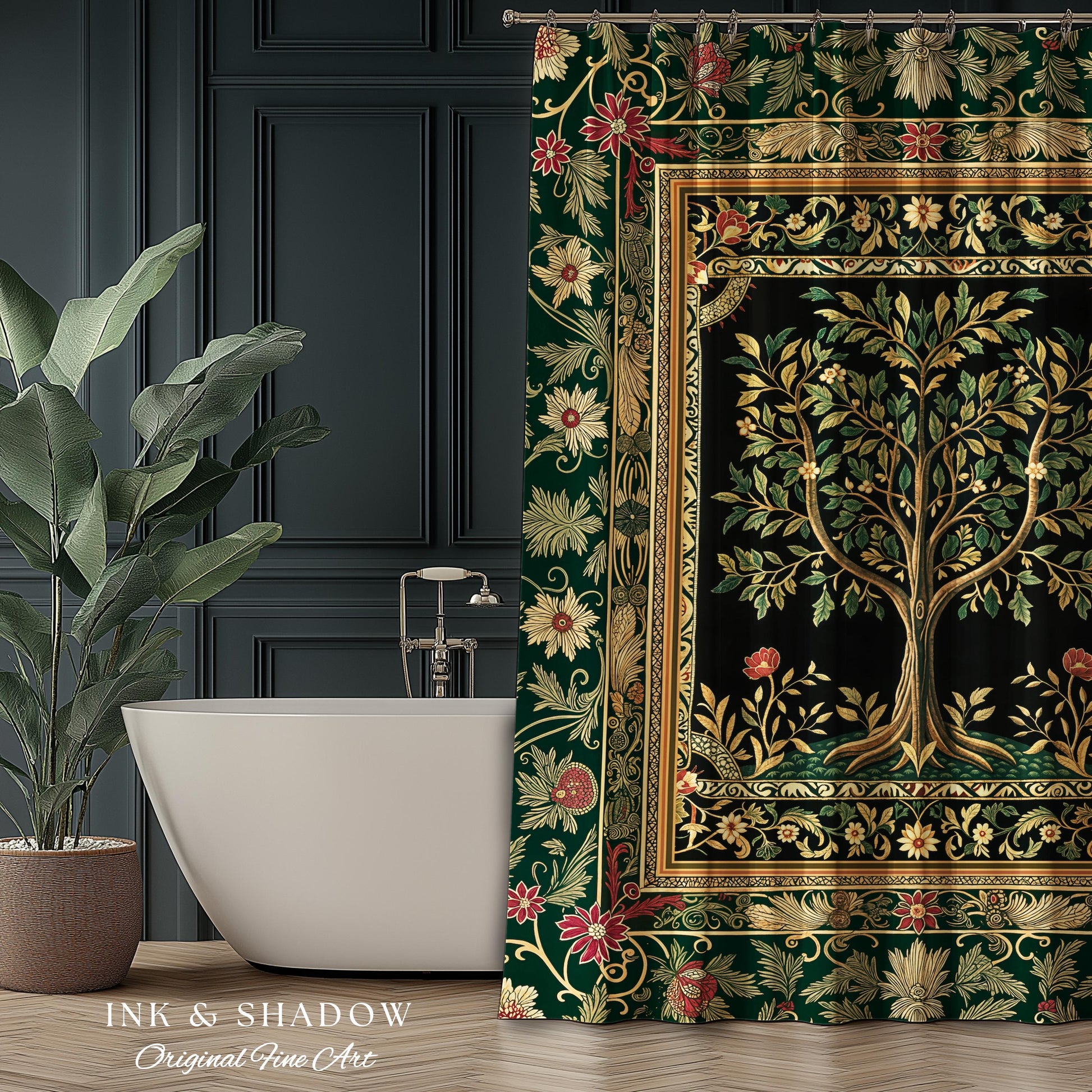 Folk Art Tree of Life Shower Curtain | Whimsical Pastel Botanical Theme Symmetrical Floral Ornate Bathroom Accent Aesthetic Medieval Style