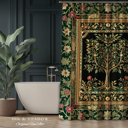 Folk Art Tree of Life Shower Curtain | Whimsical Pastel Botanical Theme Symmetrical Floral Ornate Bathroom Accent Aesthetic Medieval Style