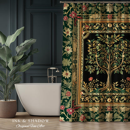 Folk Art Tree of Life Shower Curtain | Whimsical Pastel Botanical Theme Symmetrical Floral Ornate Bathroom Accent Aesthetic Medieval Style