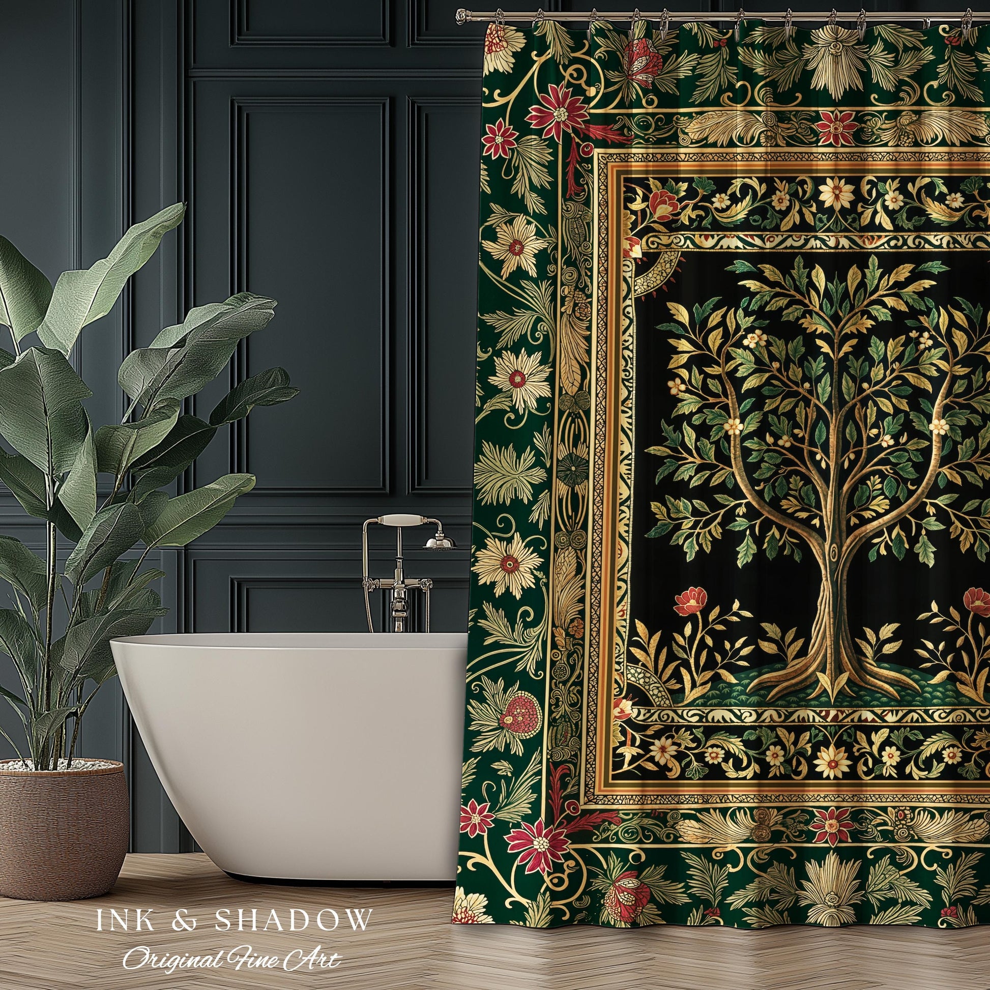 Folk Art Tree of Life Shower Curtain | Whimsical Pastel Botanical Theme Symmetrical Floral Ornate Bathroom Accent Aesthetic Medieval Style