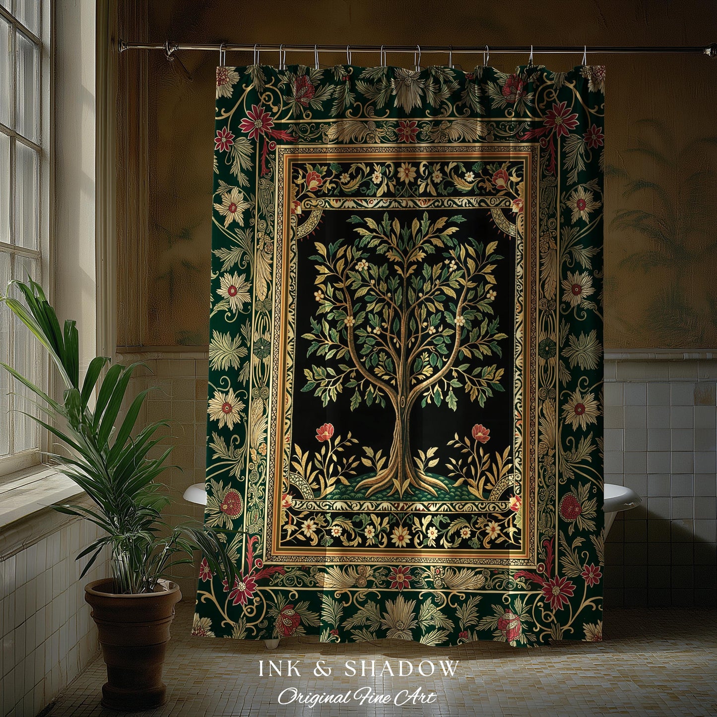 Folk Art Tree of Life Shower Curtain | Whimsical Pastel Botanical Theme Symmetrical Floral Ornate Bathroom Accent Aesthetic Medieval Style