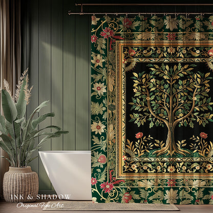Folk Art Tree of Life Shower Curtain | Whimsical Pastel Botanical Theme Symmetrical Floral Ornate Bathroom Accent Aesthetic Medieval Style