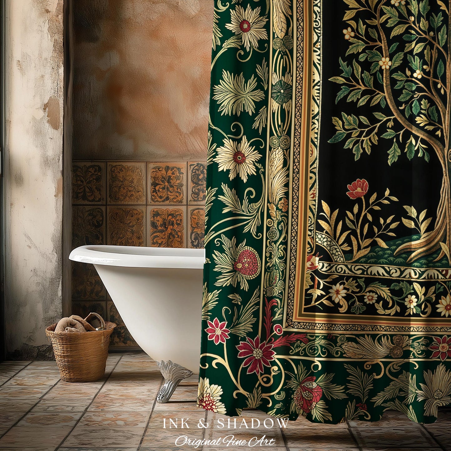 Folk Art Tree of Life Shower Curtain | Whimsical Pastel Botanical Theme Symmetrical Floral Ornate Bathroom Accent Aesthetic Medieval Style