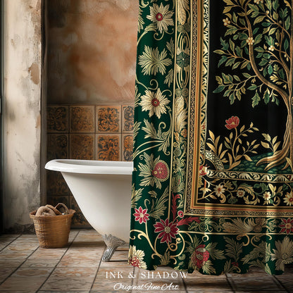 Folk Art Tree of Life Shower Curtain | Whimsical Pastel Botanical Theme Symmetrical Floral Ornate Bathroom Accent Aesthetic Medieval Style