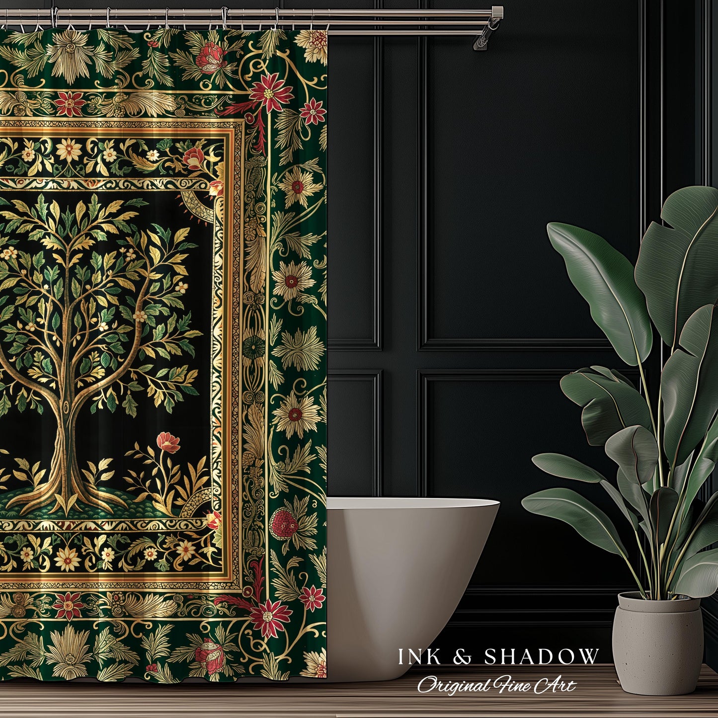 Folk Art Tree of Life Shower Curtain | Whimsical Pastel Botanical Theme Symmetrical Floral Ornate Bathroom Accent Aesthetic Medieval Style