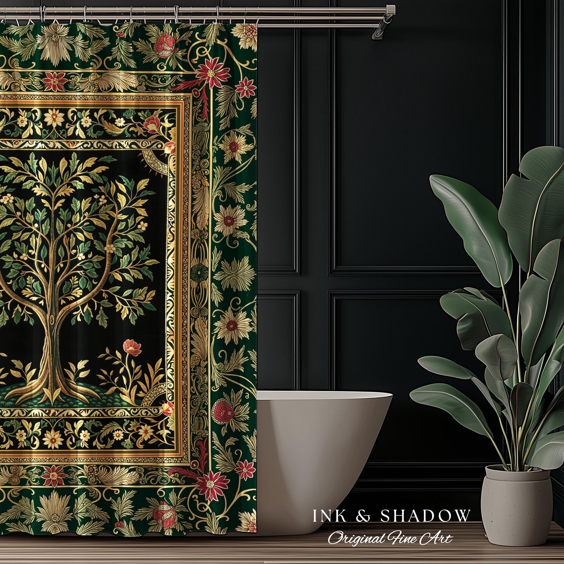 Folk Art Tree of Life Shower Curtain | Whimsical Pastel Botanical Theme Symmetrical Floral Ornate Bathroom Accent Aesthetic Medieval Style