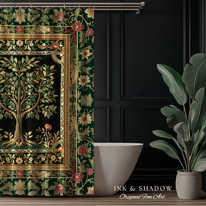 Folk Art Tree of Life Shower Curtain | Whimsical Pastel Botanical Theme Symmetrical Floral Ornate Bathroom Accent Aesthetic Medieval Style