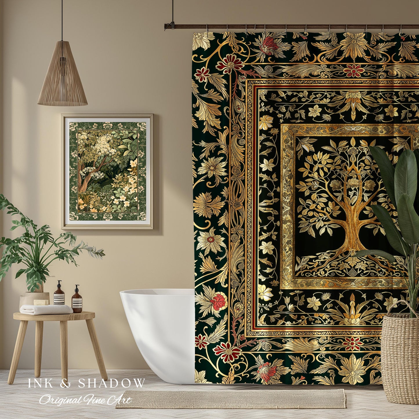 Regal Golden Tree of Life Shower Curtain | Gilt Border Ornate Medieval Design Folklore Style Woodland Decor Maximalist Bathroom Nordic Boho
