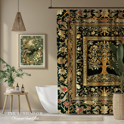 Regal Golden Tree of Life Shower Curtain | Gilt Border Ornate Medieval Design Folklore Style Woodland Decor Maximalist Bathroom Nordic Boho