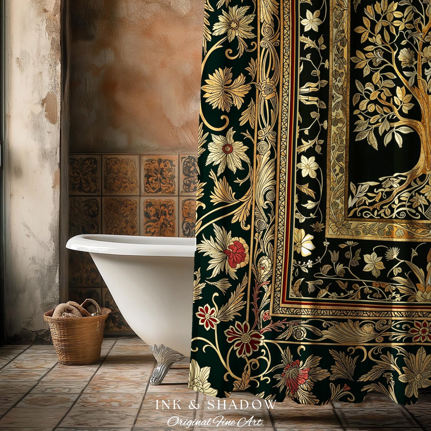 Regal Golden Tree of Life Shower Curtain | Gilt Border Ornate Medieval Design Folklore Style Woodland Decor Maximalist Bathroom Nordic Boho