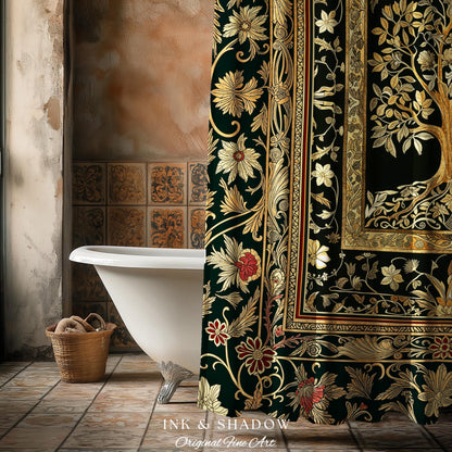 Regal Golden Tree of Life Shower Curtain | Gilt Border Ornate Medieval Design Folklore Style Woodland Decor Maximalist Bathroom Nordic Boho
