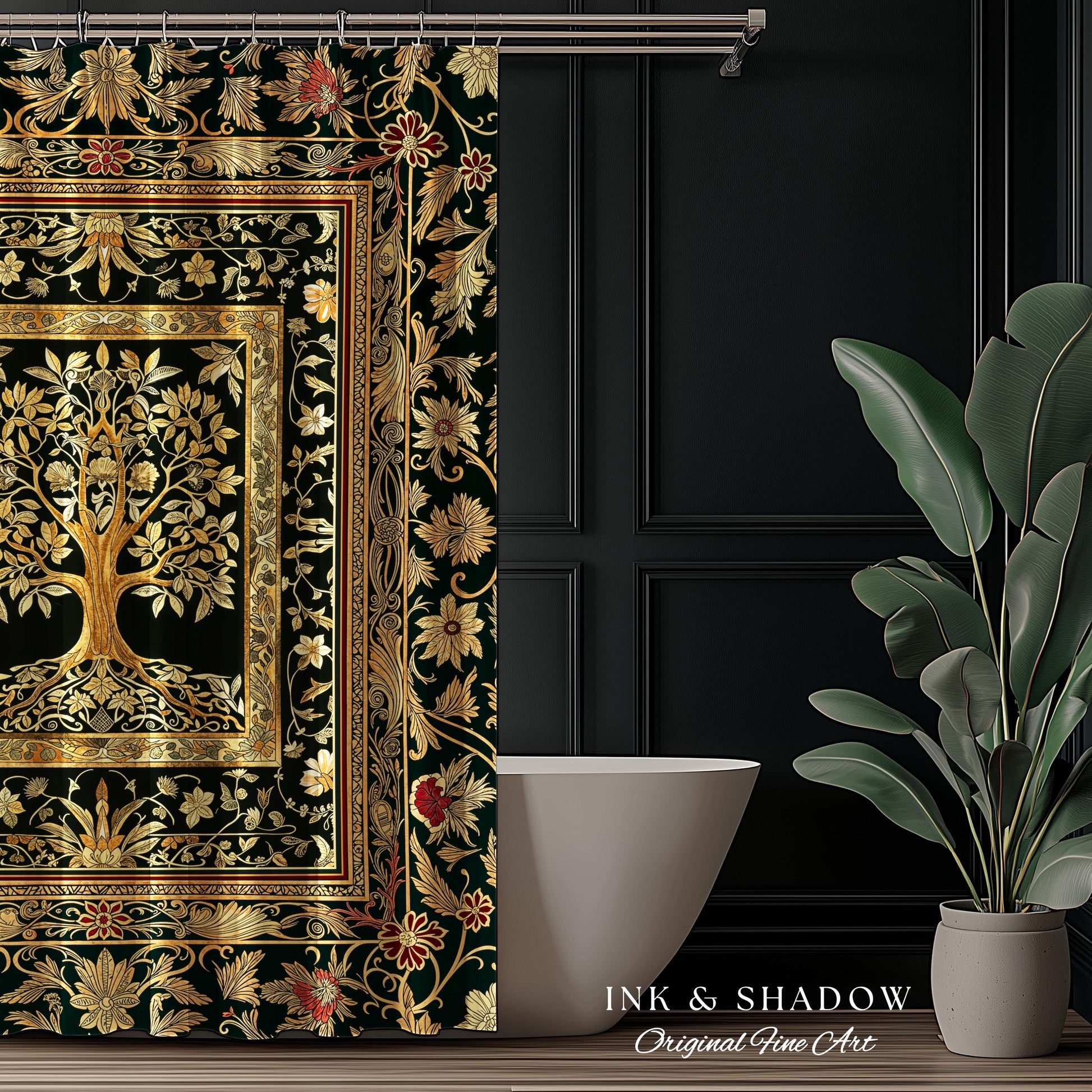 Regal Golden Tree of Life Shower Curtain | Gilt Border Ornate Medieval Design Folklore Style Woodland Decor Maximalist Bathroom Nordic Boho
