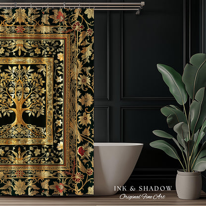 Regal Golden Tree of Life Shower Curtain | Gilt Border Ornate Medieval Design Folklore Style Woodland Decor Maximalist Bathroom Nordic Boho
