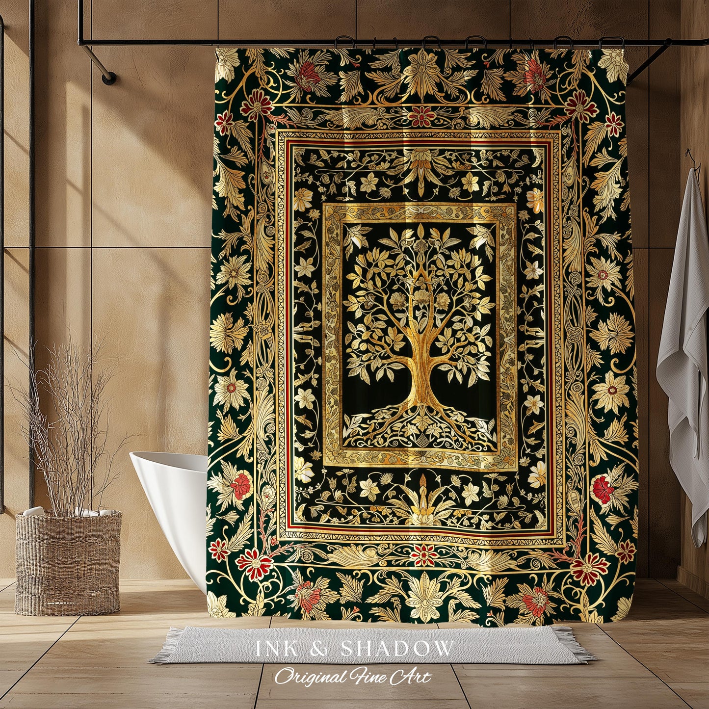 Regal Golden Tree of Life Shower Curtain | Gilt Border Ornate Medieval Design Folklore Style Woodland Decor Maximalist Bathroom Nordic Boho