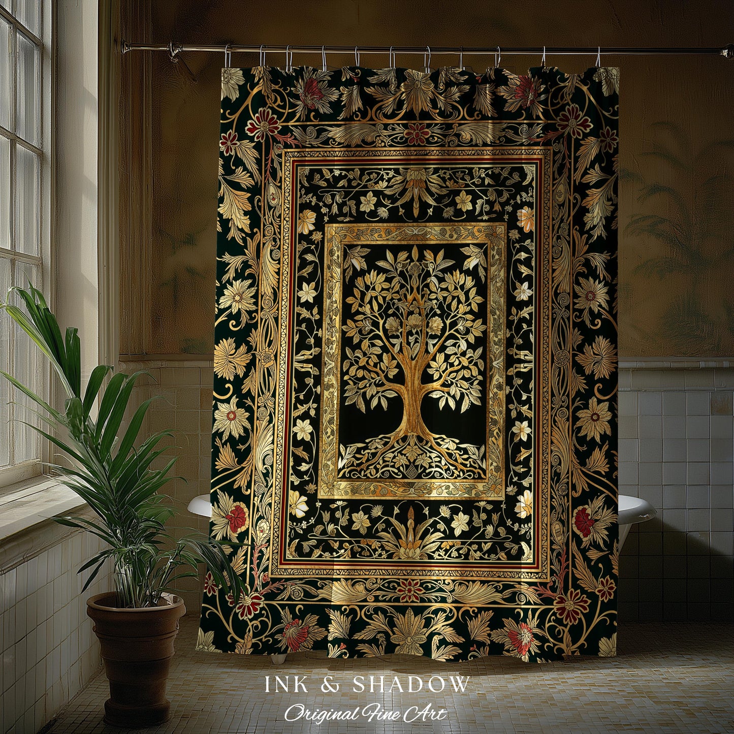 Regal Golden Tree of Life Shower Curtain | Gilt Border Ornate Medieval Design Folklore Style Woodland Decor Maximalist Bathroom Nordic Boho