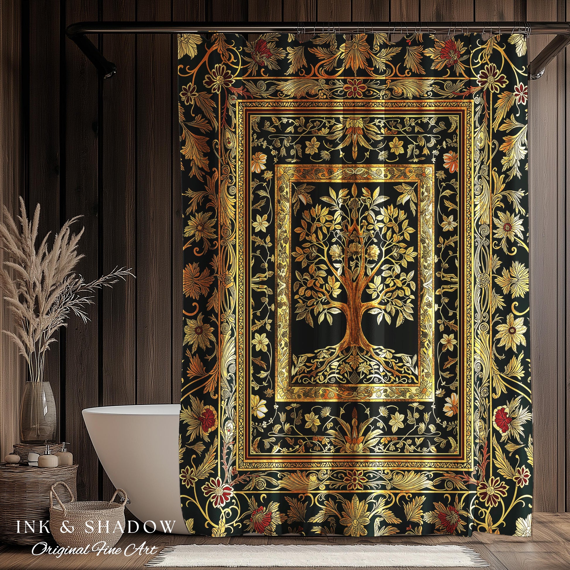 Regal Golden Tree of Life Shower Curtain | Gilt Border Ornate Medieval Design Folklore Style Woodland Decor Maximalist Bathroom Nordic Boho