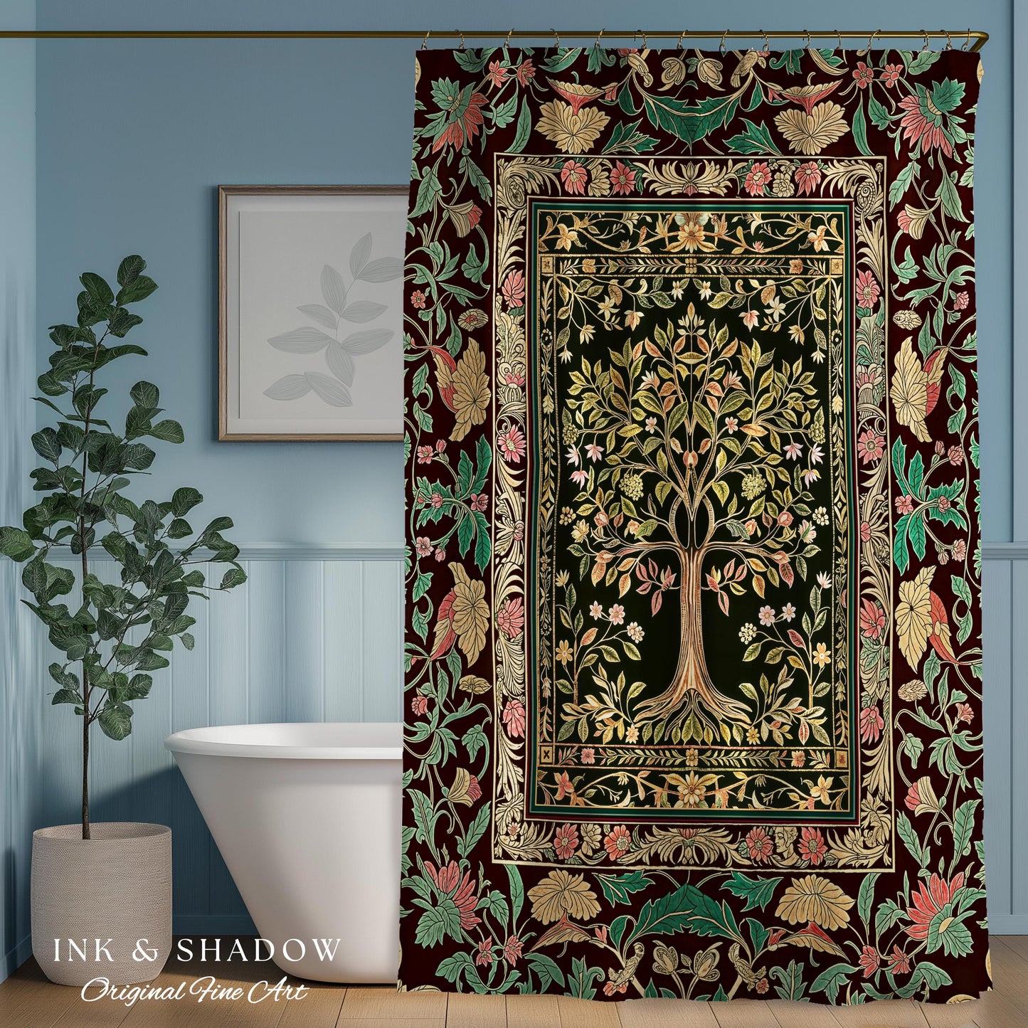 Whimsical Floral Tree of Life Shower Curtain | Eclectic Botanical Ornate Baroque Border Pastel Bathroom Accent Traditional Folk Art Rustic
