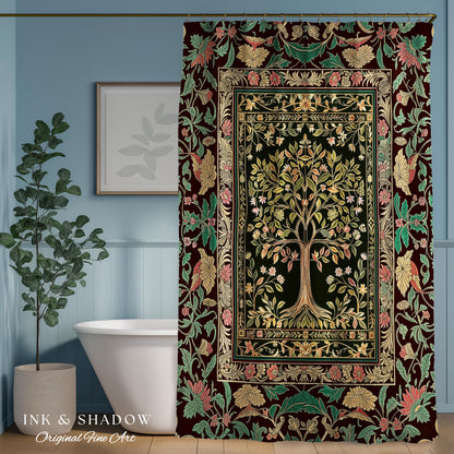 Whimsical Floral Tree of Life Shower Curtain | Eclectic Botanical Ornate Baroque Border Pastel Bathroom Accent Traditional Folk Art Rustic