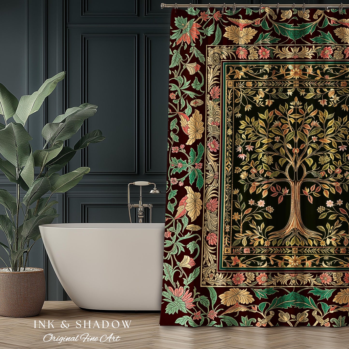 Whimsical Floral Tree of Life Shower Curtain | Eclectic Botanical Ornate Baroque Border Pastel Bathroom Accent Traditional Folk Art Rustic