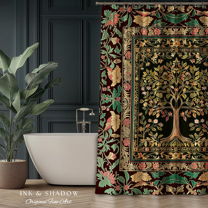 Whimsical Floral Tree of Life Shower Curtain | Eclectic Botanical Ornate Baroque Border Pastel Bathroom Accent Traditional Folk Art Rustic