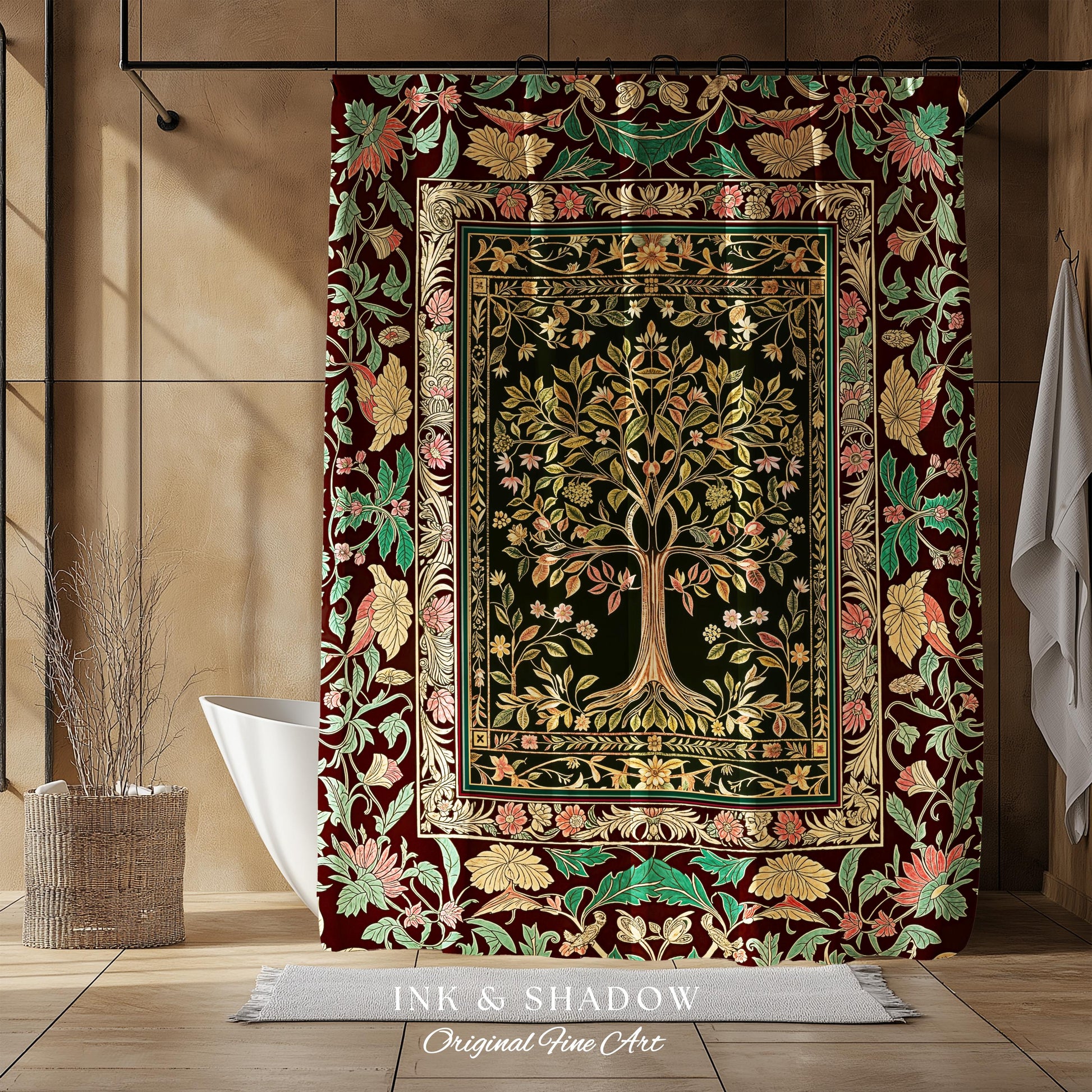 Whimsical Floral Tree of Life Shower Curtain | Eclectic Botanical Ornate Baroque Border Pastel Bathroom Accent Traditional Folk Art Rustic