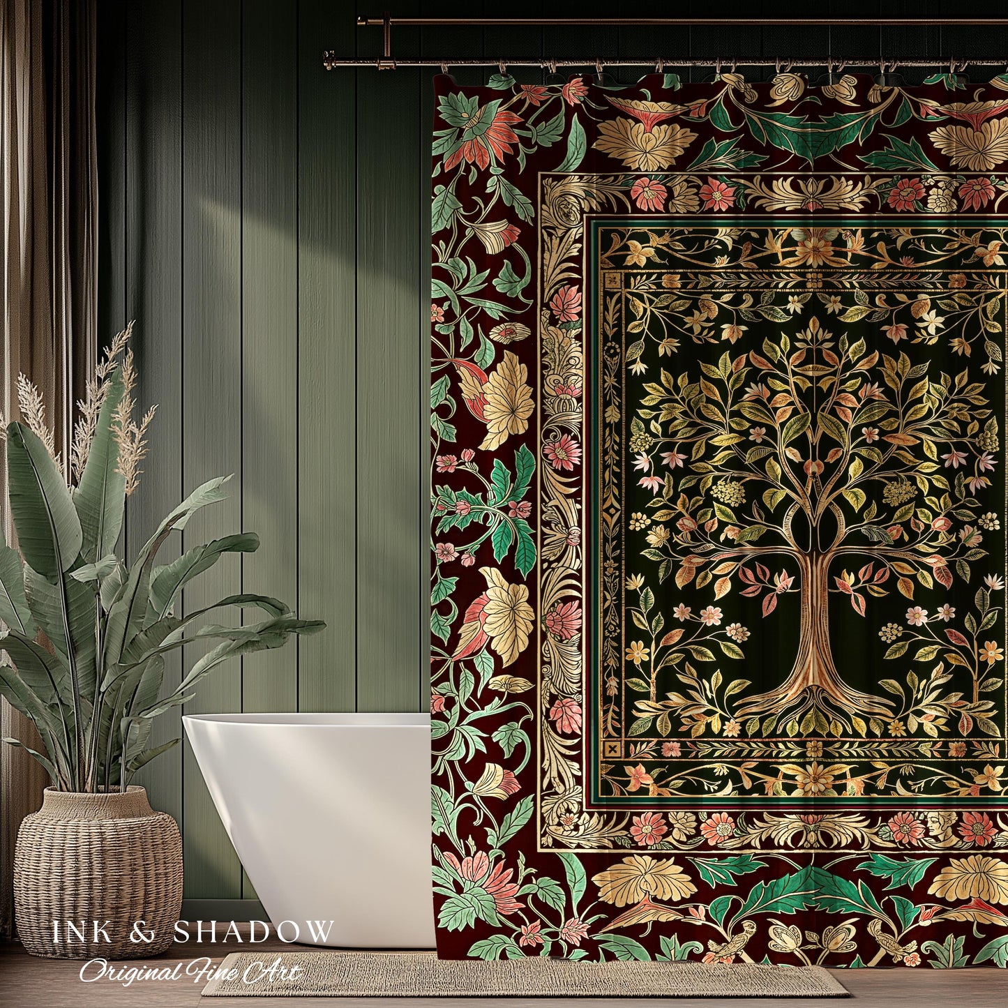 Whimsical Floral Tree of Life Shower Curtain | Eclectic Botanical Ornate Baroque Border Pastel Bathroom Accent Traditional Folk Art Rustic