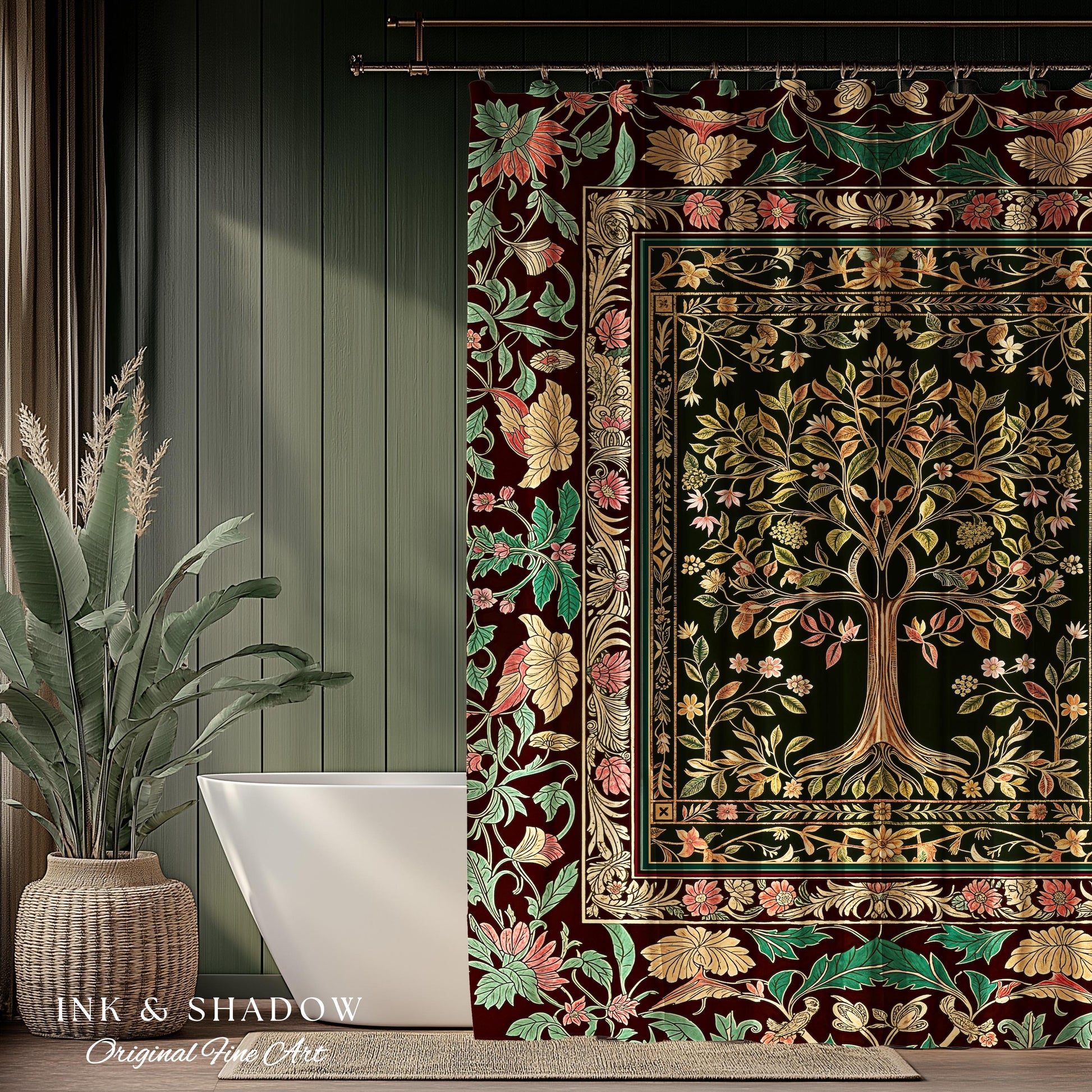 Whimsical Floral Tree of Life Shower Curtain | Eclectic Botanical Ornate Baroque Border Pastel Bathroom Accent Traditional Folk Art Rustic