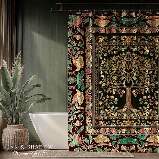 Whimsical Floral Tree of Life Shower Curtain | Eclectic Botanical Ornate Baroque Border Pastel Bathroom Accent Traditional Folk Art Rustic