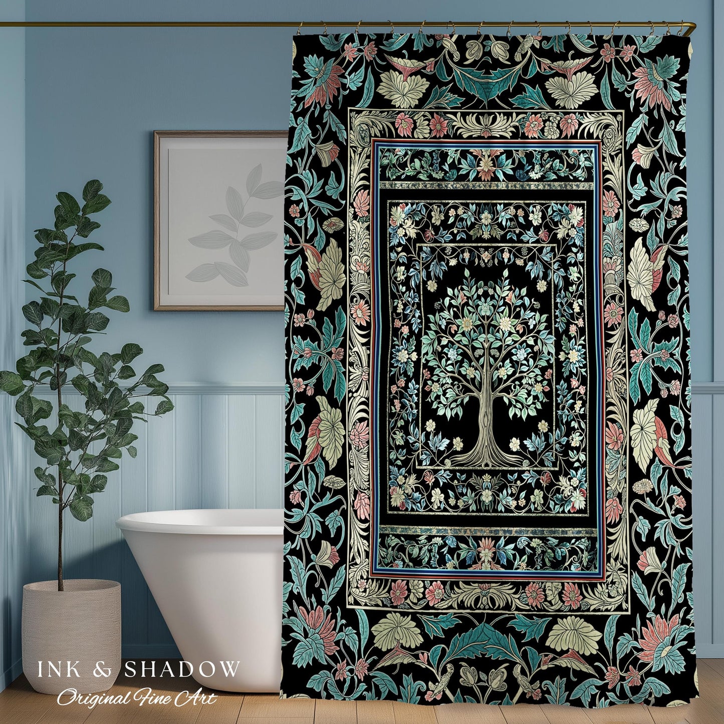 Dark Gothic Pastel Tree of Life Shower Curtain | Ornate Floral Border Whimsical Botanical Pattern Folk Garden Style Classic Bathroom Accent