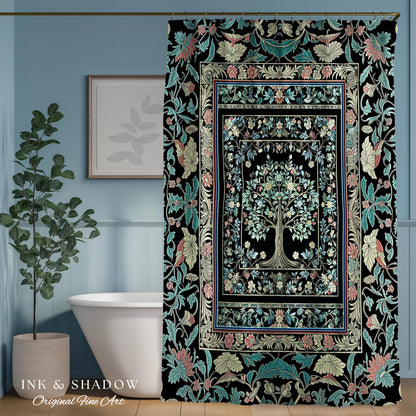 Dark Gothic Pastel Tree of Life Shower Curtain | Ornate Floral Border Whimsical Botanical Pattern Folk Garden Style Classic Bathroom Accent
