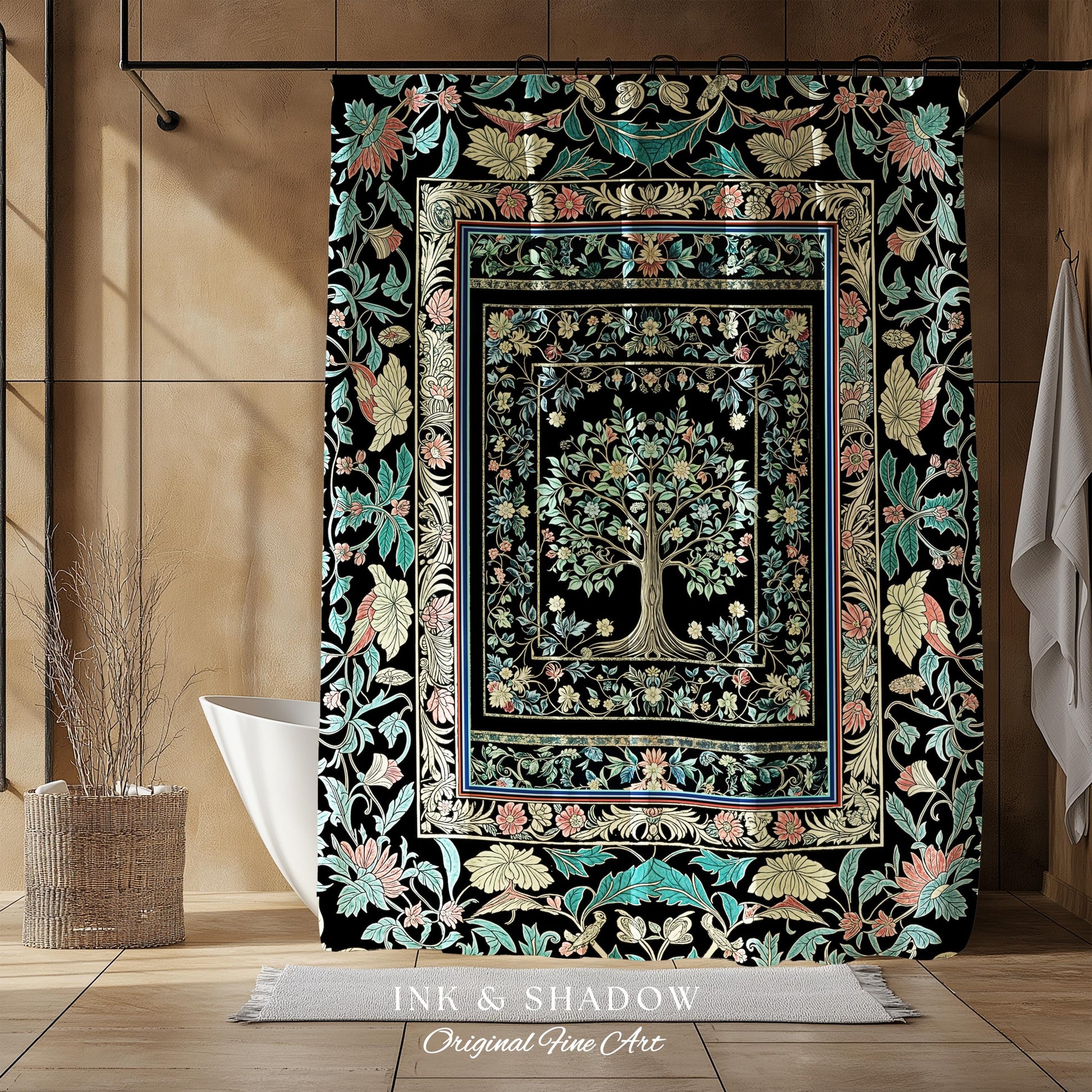 Dark Gothic Pastel Tree of Life Shower Curtain | Ornate Floral Border Whimsical Botanical Pattern Folk Garden Style Classic Bathroom Accent