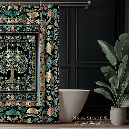 Dark Gothic Pastel Tree of Life Shower Curtain | Ornate Floral Border Whimsical Botanical Pattern Folk Garden Style Classic Bathroom Accent