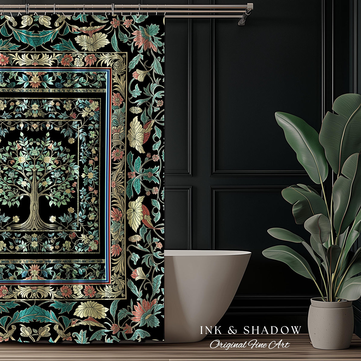 Dark Gothic Pastel Tree of Life Shower Curtain | Ornate Floral Border Whimsical Botanical Pattern Folk Garden Style Classic Bathroom Accent