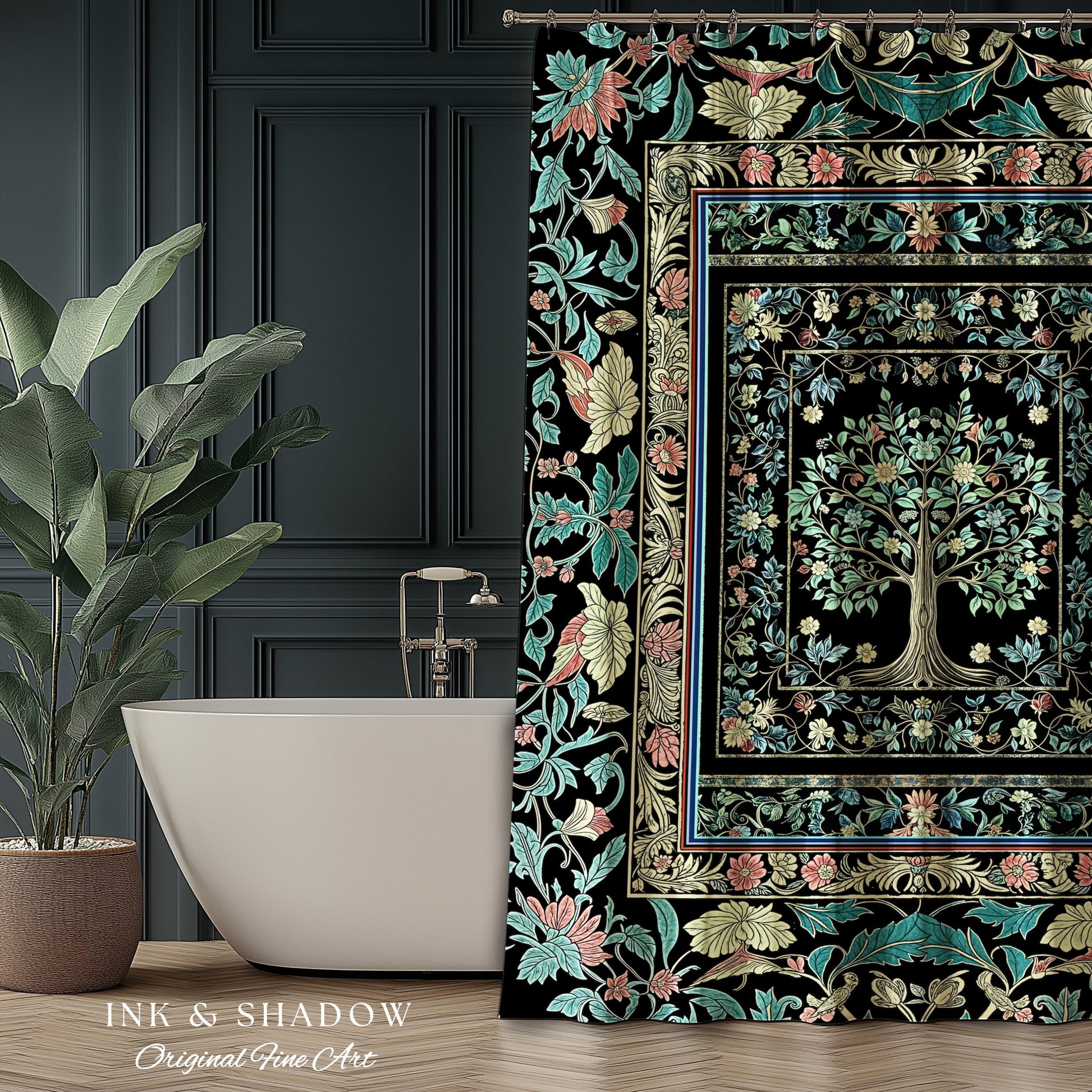 Dark Gothic Pastel Tree of Life Shower Curtain | Ornate Floral Border Whimsical Botanical Pattern Folk Garden Style Classic Bathroom Accent