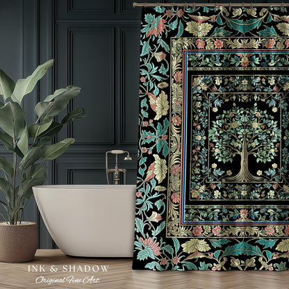 Dark Gothic Pastel Tree of Life Shower Curtain | Ornate Floral Border Whimsical Botanical Pattern Folk Garden Style Classic Bathroom Accent