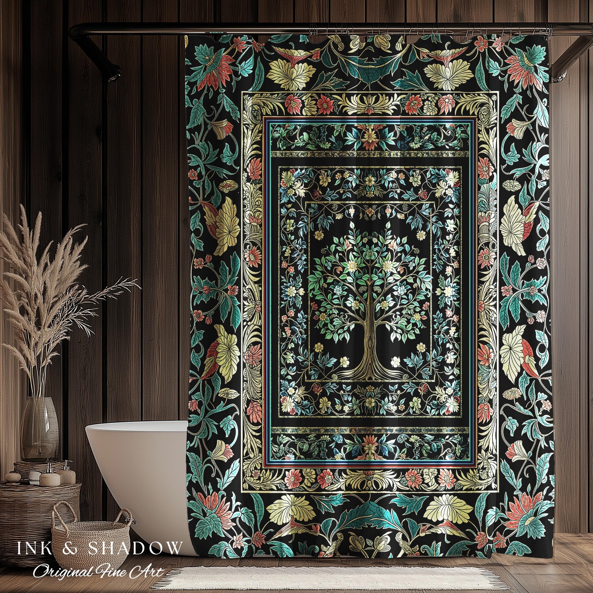 Dark Gothic Pastel Tree of Life Shower Curtain | Ornate Floral Border Whimsical Botanical Pattern Folk Garden Style Classic Bathroom Accent